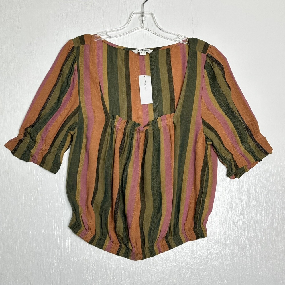 NEW American Eagle Womens Stripe Crop Shirt Size Small Short Sleeve Top Woven